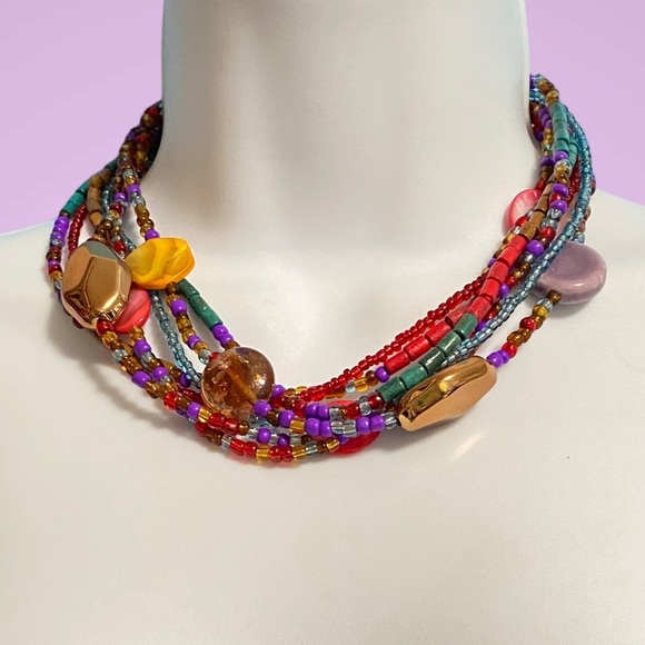 Seed Bead Multi Strand Red Gold Purple Glass Beads Wood Beads Colorful Necklace - Picture 1 of 9